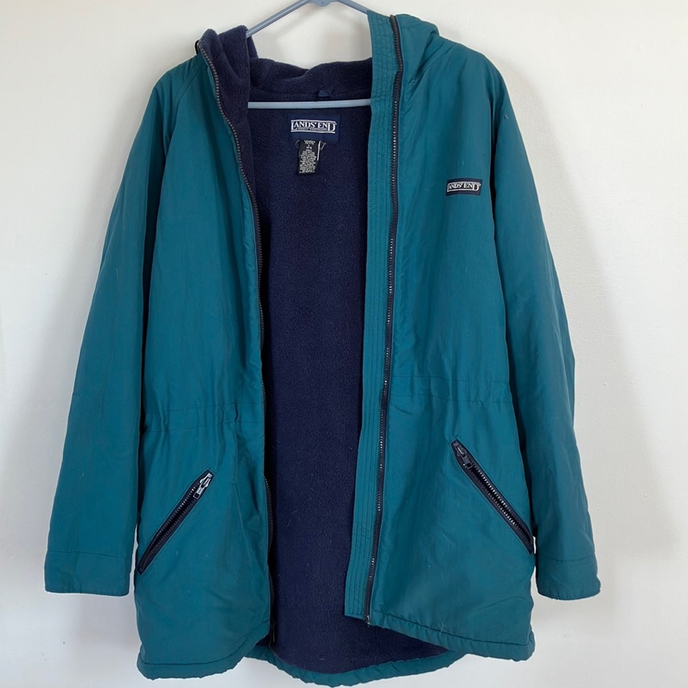 Land's End Coat Jacket Womens L Fleece Lined Teal Drawstring Waist & Hood Zipper